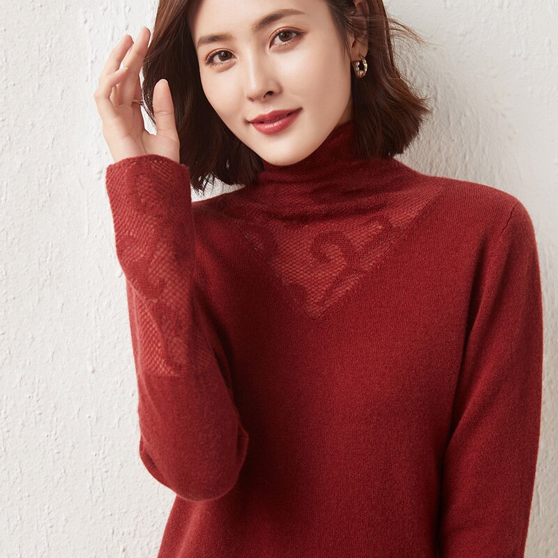 100% Merino Wool Women Sweater Turtleneck Winter Wool Knit Sweater Jumpers Autumn Woman Sweaters Pullover Lace Knit Top