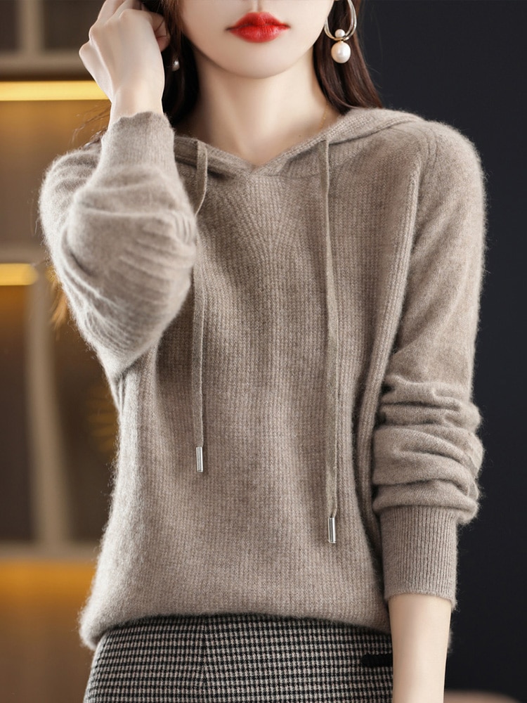 Hooded Knitwears Women Sweaters O-neck Pullover Cashmere Female Clothing Winter 100% Wool Long Sleeve Top Knitted Fashion Jumper