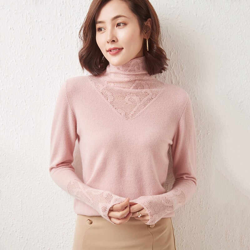 100% Merino Wool Women Sweater Turtleneck Winter Wool Knit Sweater Jumpers Autumn Woman Sweaters Pullover Lace Knit Top