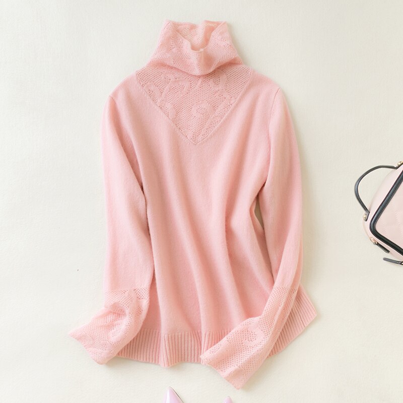 100% Merino Wool Women Sweater Turtleneck Winter Wool Knit Sweater Jumpers Autumn Woman Sweaters Pullover Lace Knit Top