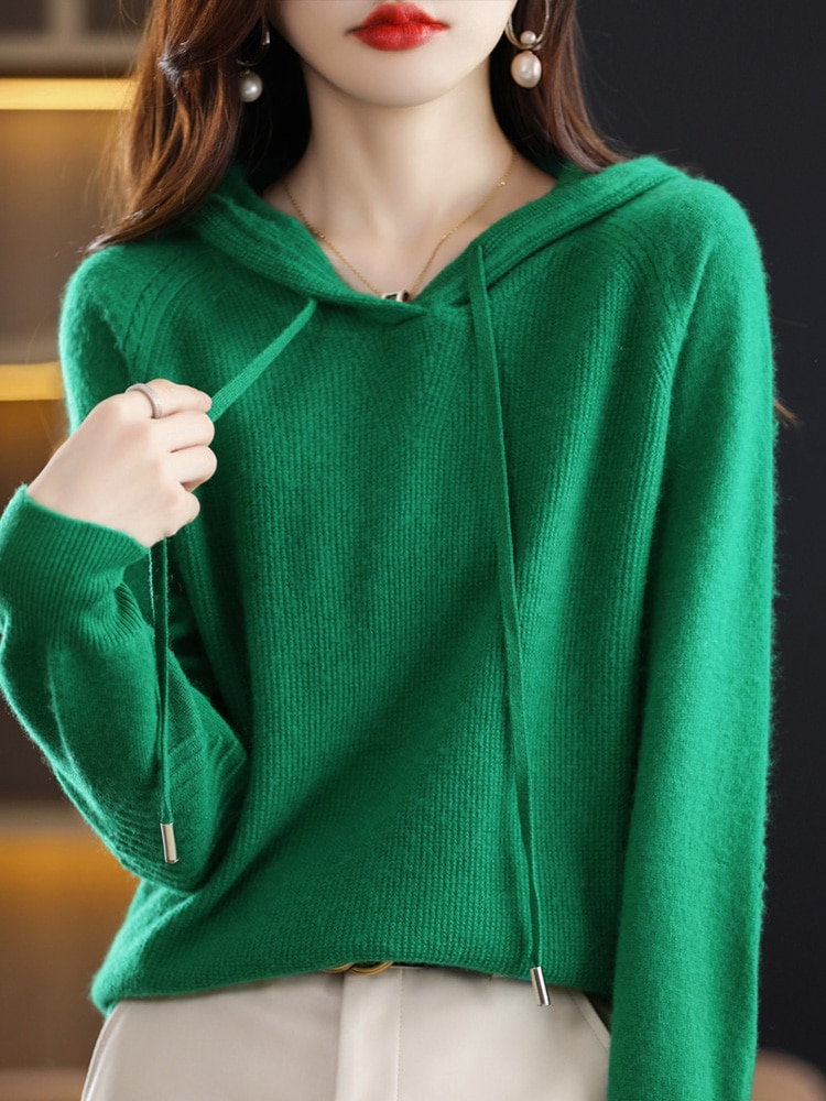Hooded Knitwears Women Sweaters O-neck Pullover Cashmere Female Clothing Winter 100% Wool Long Sleeve Top Knitted Fashion Jumper