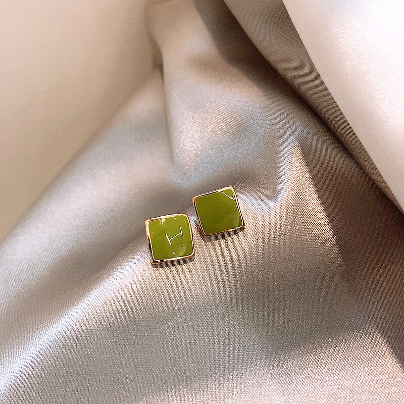 Oil Dripping Green Square Stud Earrings