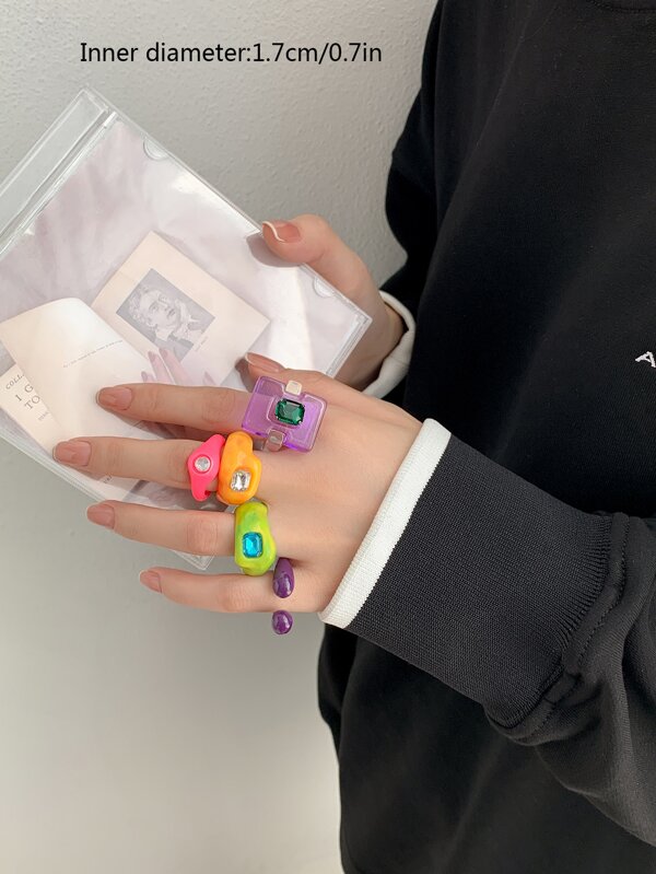 5pcs Rhinestone Decor Resin Ring