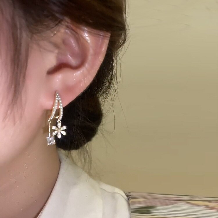 Pearl Zircon Flower Tassel Dangle Earrings