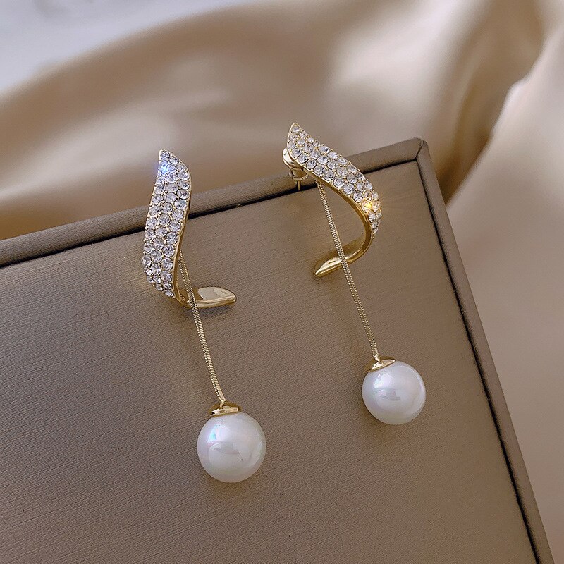 Simulated-pearl Tassel Long Crystal Earrings