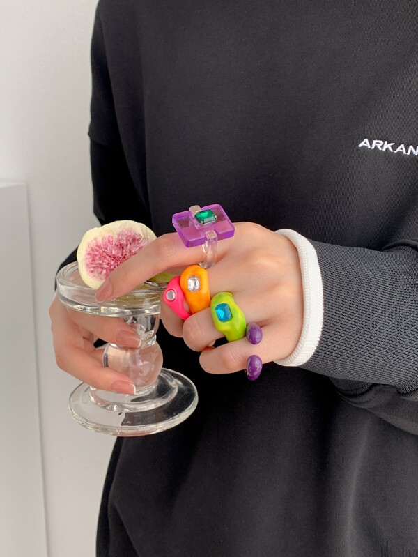 5pcs Rhinestone Decor Resin Ring