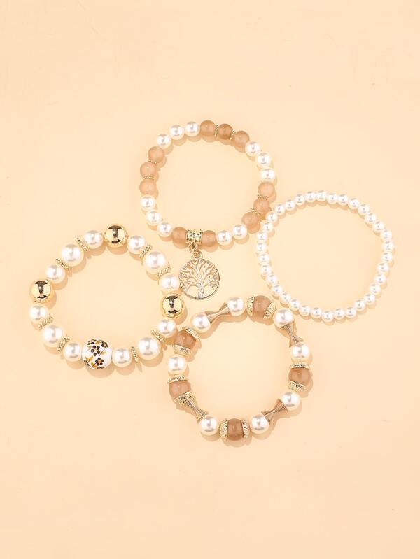 4pcs Tree Design Round Charm Beaded Bracelet