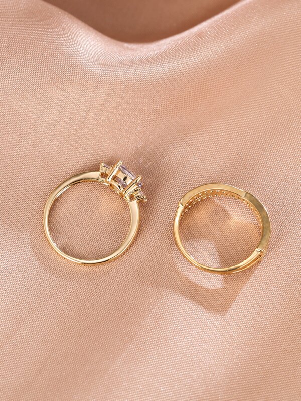 2pcs 18K Gold Plated Zircon Decor Ring