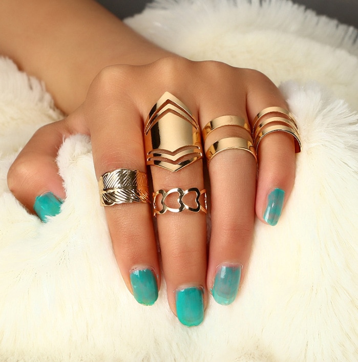 New leaves heart-shaped geometric ring five-piece set open ring
