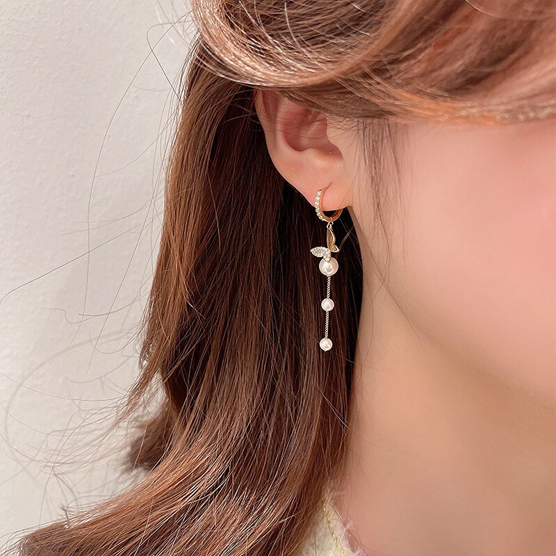 Simple Pearl Butterfly Zircon Dangle Earrings