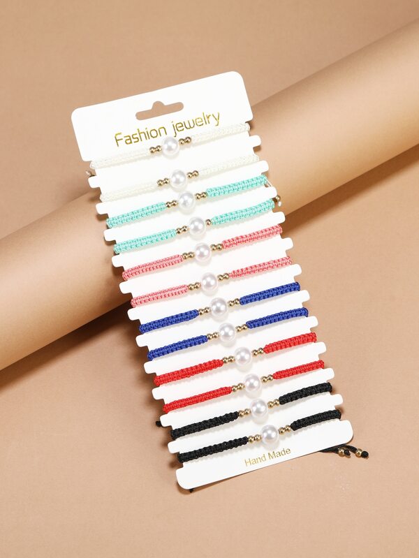 12pcs Faux Pearl Decor Braided Bracelet