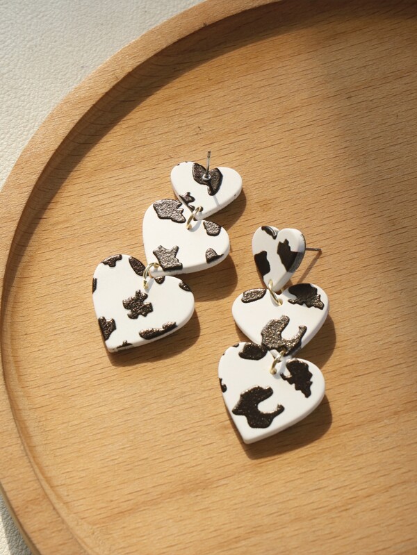 Cow Print Heart Drop Earrings