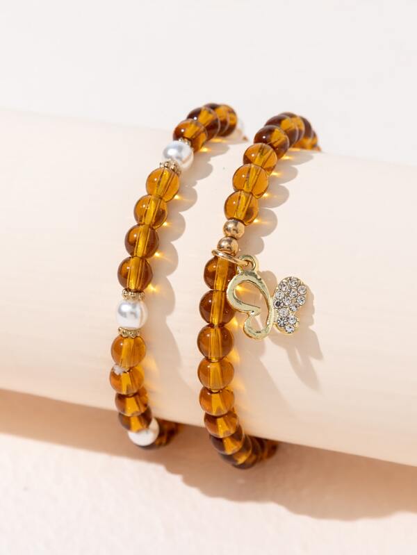 2pcs Rhinestone Butterfly Charm Beaded Bracelet