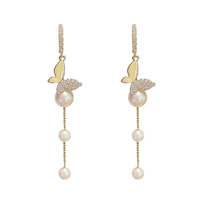 Simple Pearl Butterfly Zircon Dangle Earrings