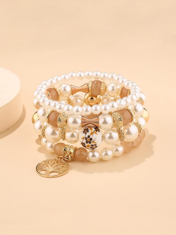 4pcs Tree Design Round Charm Beaded Bracelet