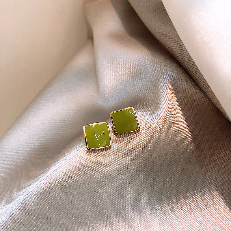 Oil Dripping Green Square Stud Earrings