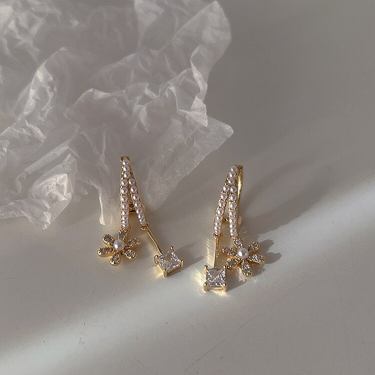 Pearl Zircon Flower Tassel Dangle Earrings