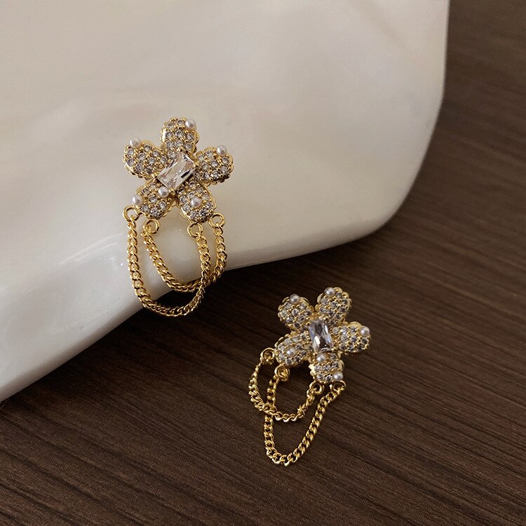 Zircon Flower Chain Tassel Dangle Earrings