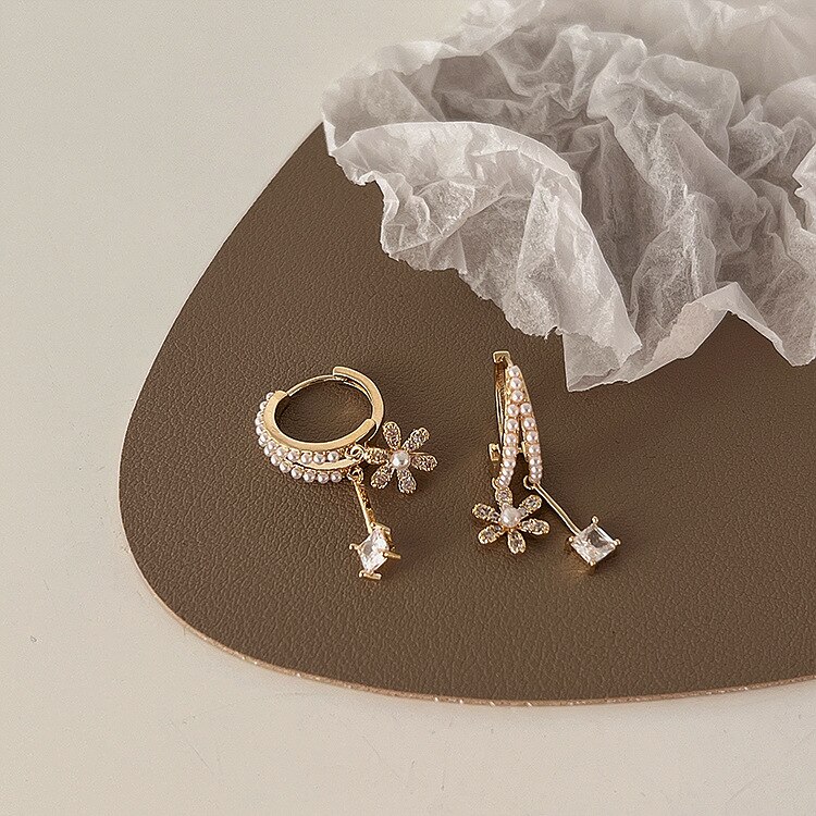 Pearl Zircon Flower Tassel Dangle Earrings