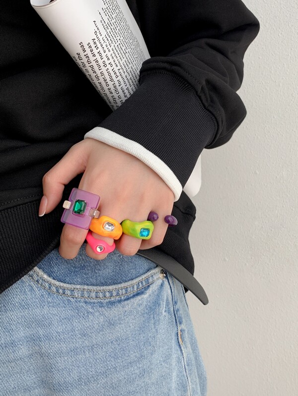 5pcs Rhinestone Decor Resin Ring