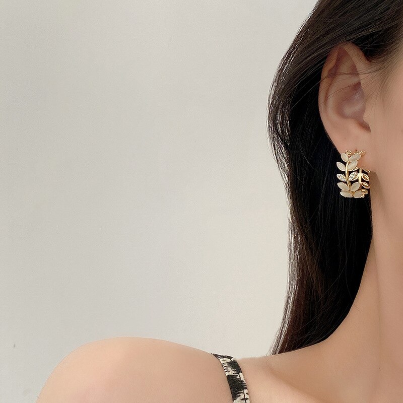 Simple Crystal Zircon Leaf Hoop Earrings