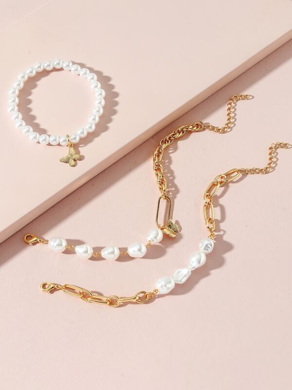 3pcs Butterfly Charm Faux Pearl Bracelet