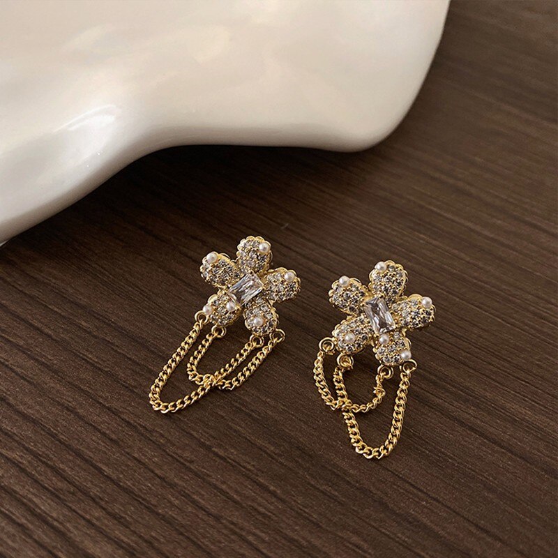 Zircon Flower Chain Tassel Dangle Earrings