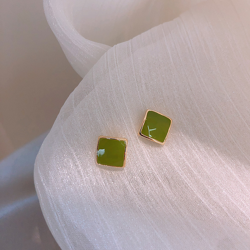 Oil Dripping Green Square Stud Earrings