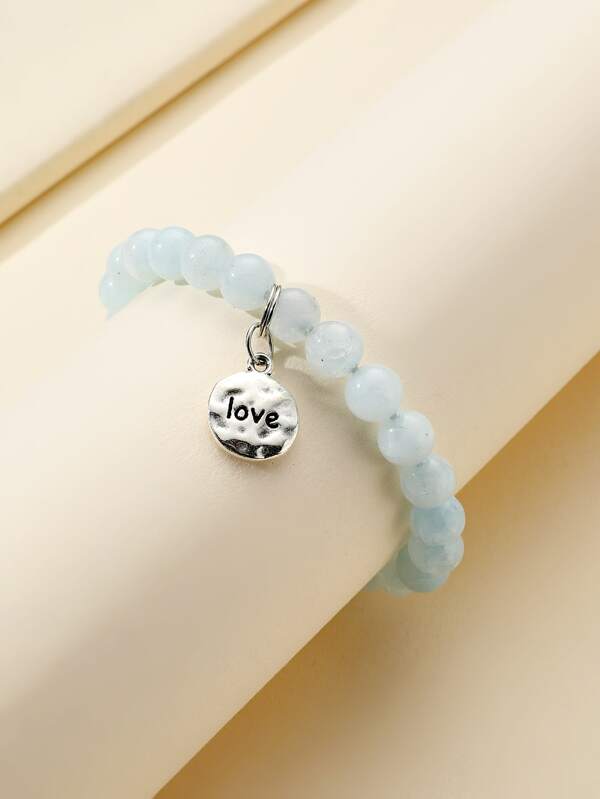 Letter Detail Round Charm Beaded Bracelet