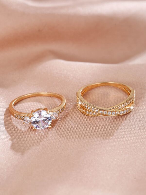 2pcs 18K Gold Plated Zircon Decor Ring