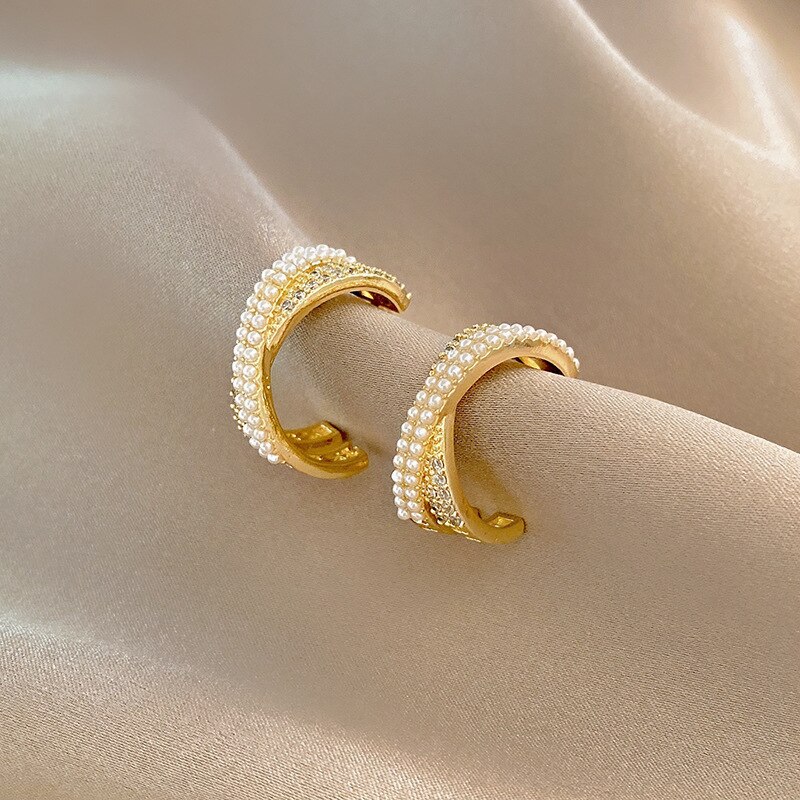 Crystal Geometric Crystal Pearl Cross Hoop Earring