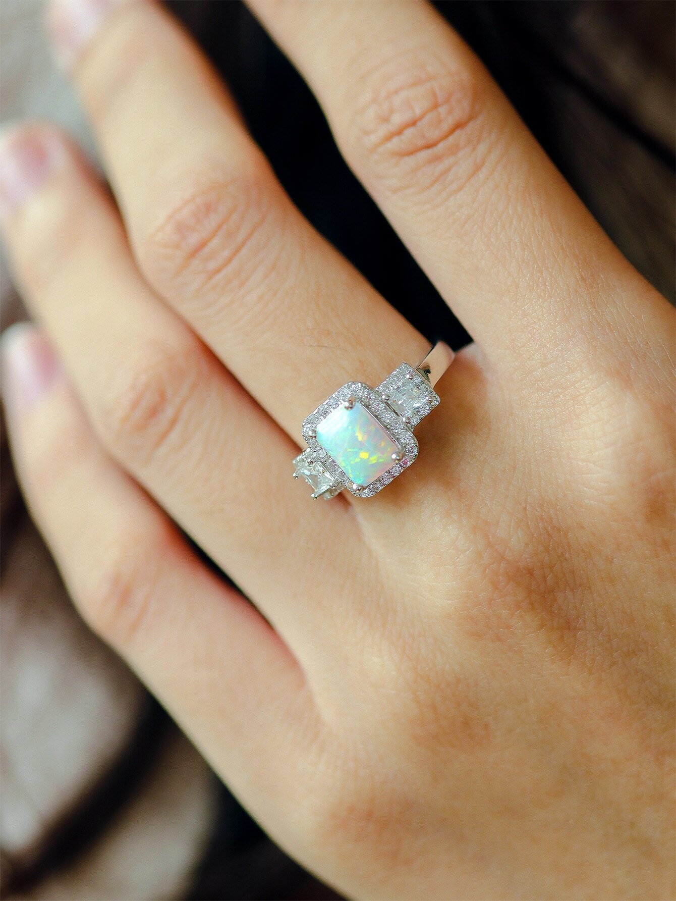 S925 sterling silver white gold white Australian gem square jewelry women's ring