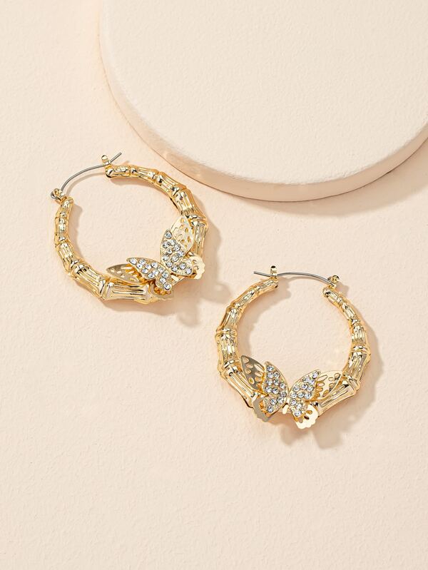 Rhinestone Butterfly Decor Bamboo Joint Hoop Earrings
