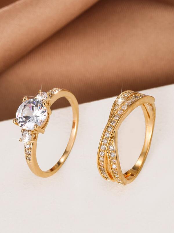 2pcs 18K Gold Plated Zircon Decor Ring