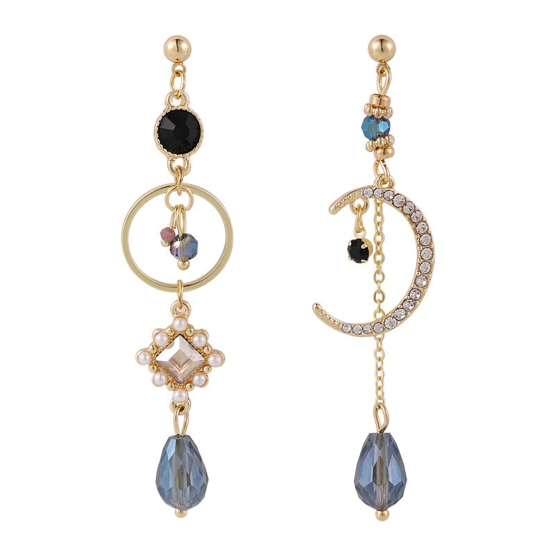 Blue Crystal Moon Fringe Drop Earrings