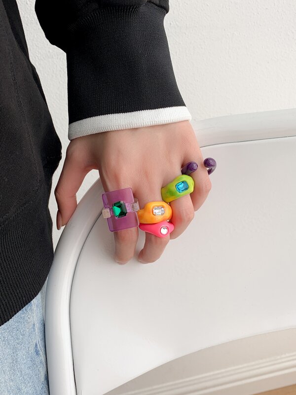 5pcs Rhinestone Decor Resin Ring