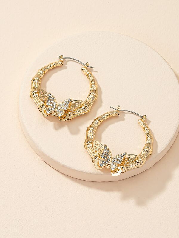 Rhinestone Butterfly Decor Bamboo Joint Hoop Earrings