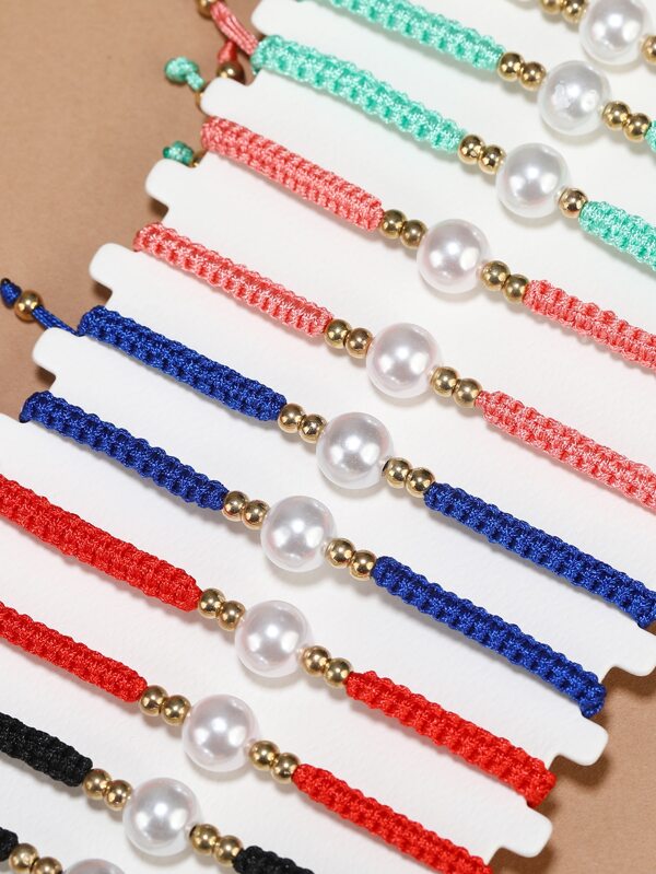 12pcs Faux Pearl Decor Braided Bracelet