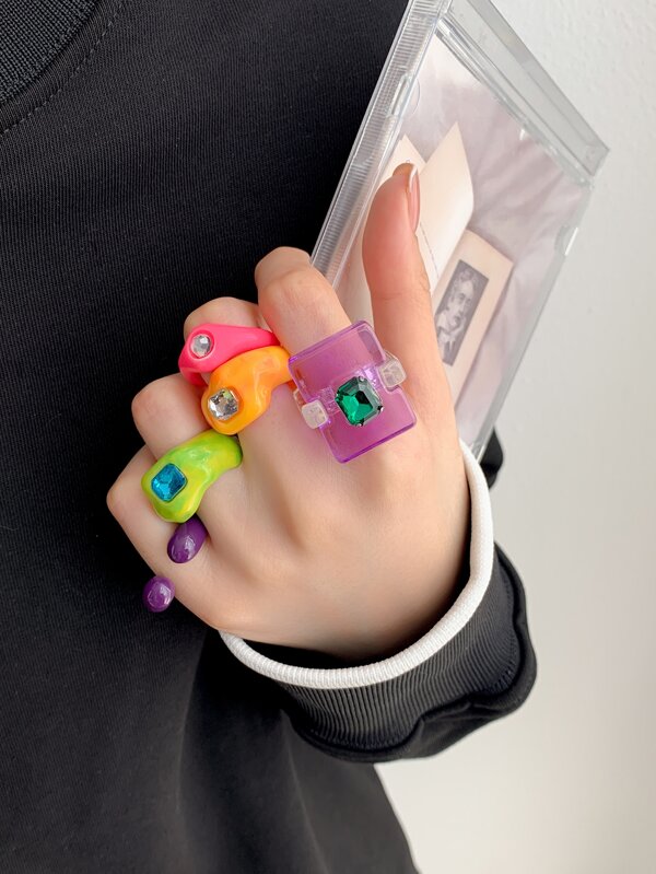 5pcs Rhinestone Decor Resin Ring