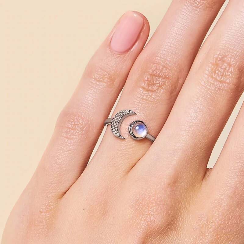 S925 sterling silver moon inlaid  opening adjustable ring