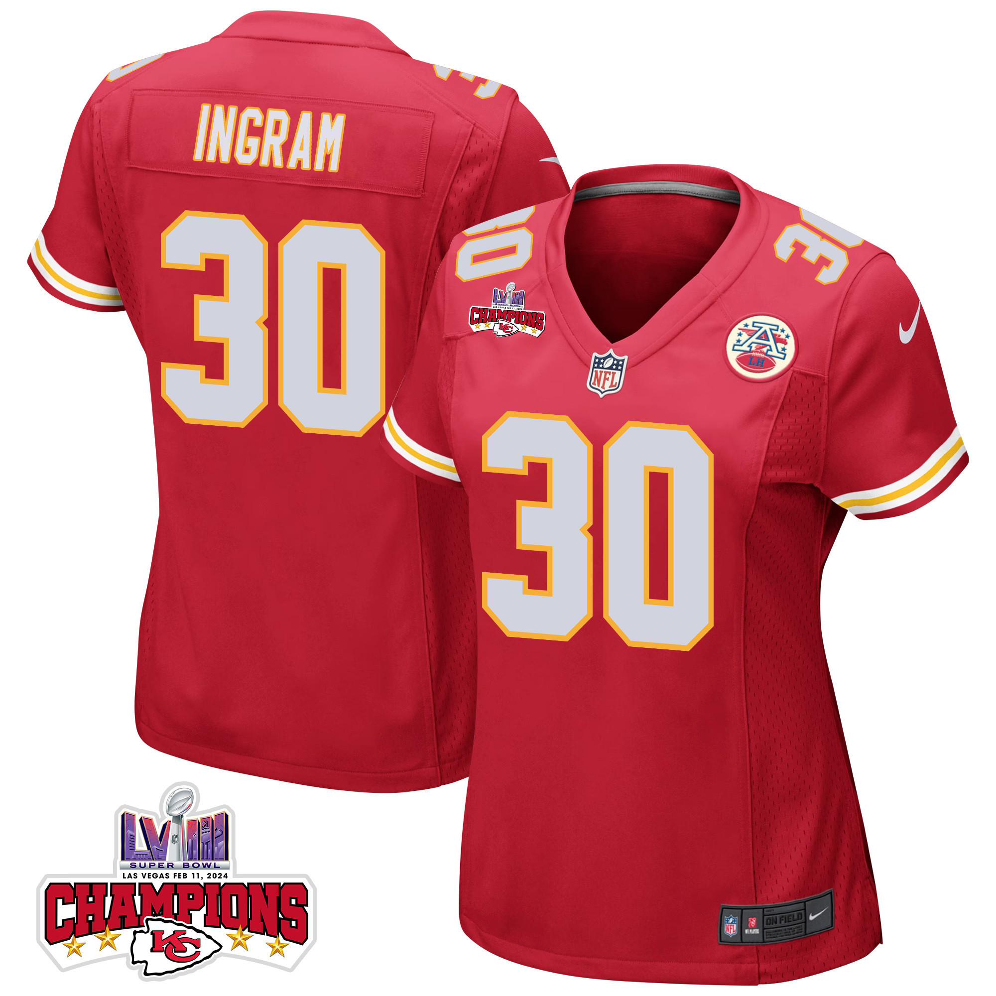 Keaontay Ingram 30 Kansas City Chiefs Super Bowl LVIII Champions 4 Stars Patch Game Red NFL Jersey Women's