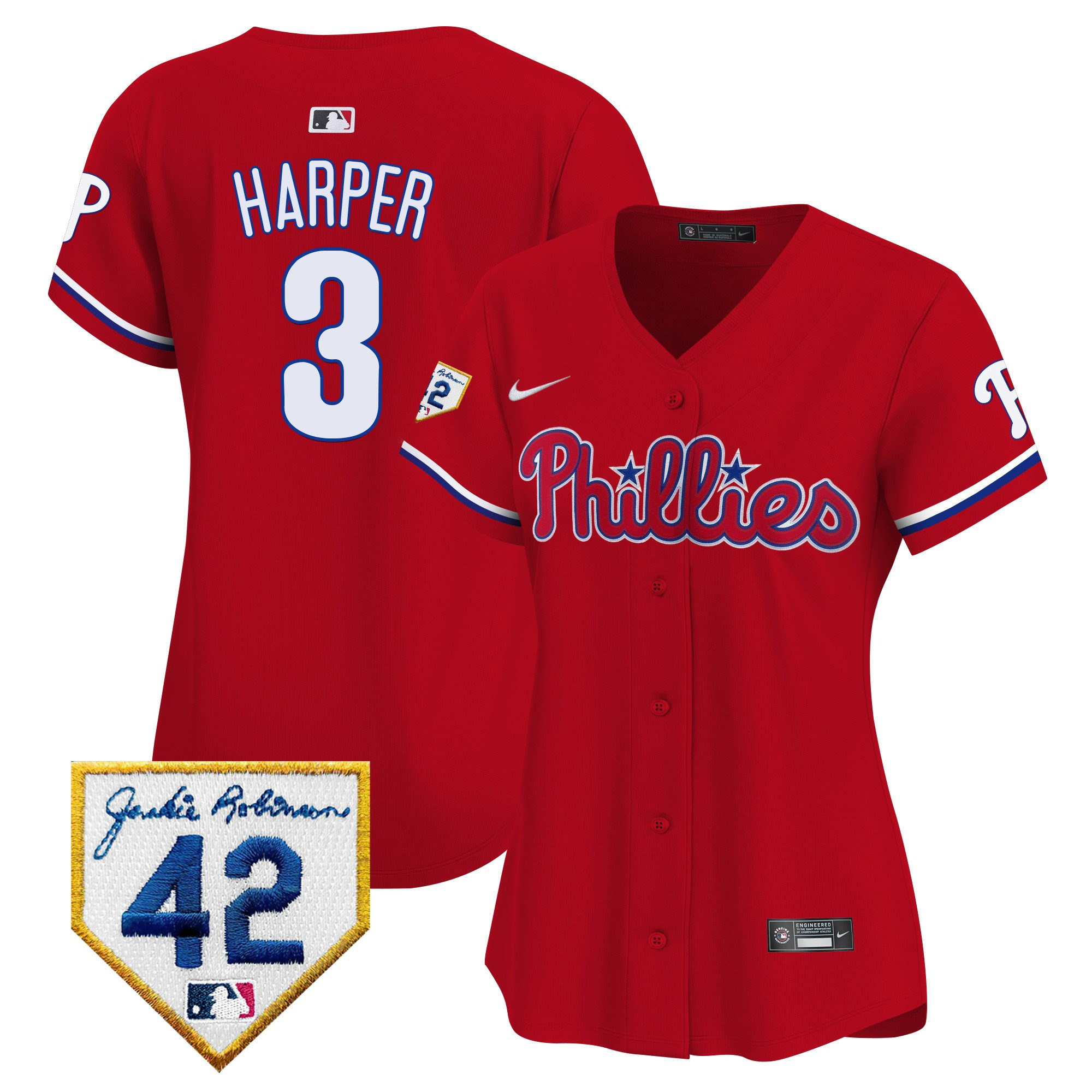 Bryce Harper 3 Philadelphia Phillies 2024 Jackie Robinson Patch Red MLB Jersey Women's
