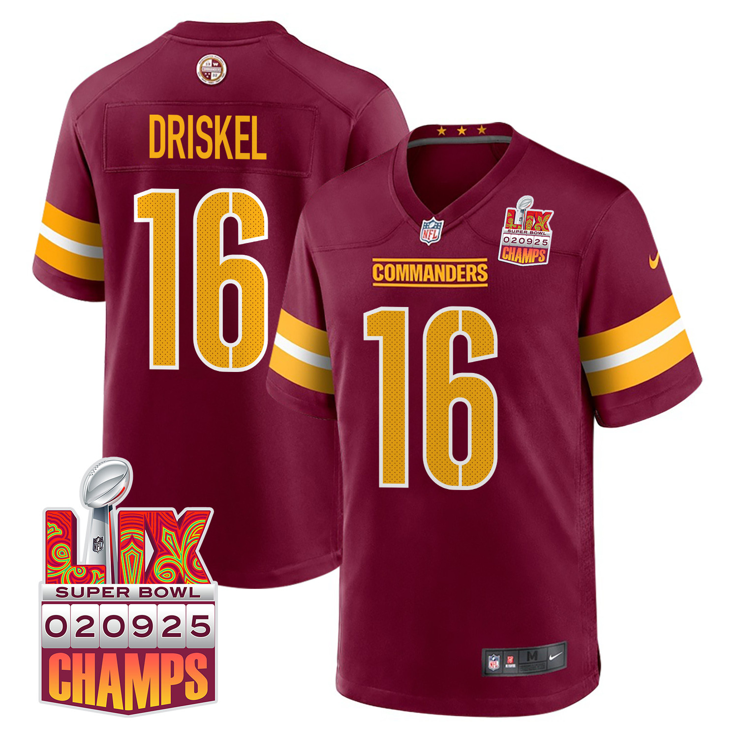 Jeff Driskel 16 Washington Commanders Super Bowl LIX Champions Patch Game Burgundy NFL Jersey Men's