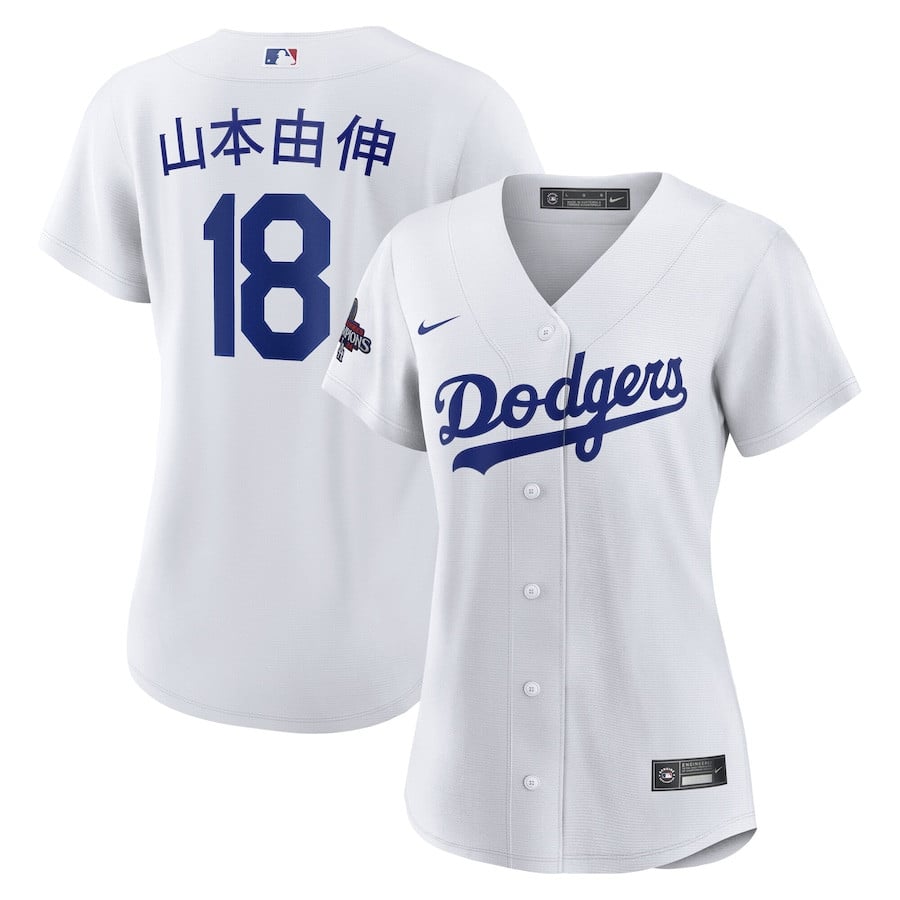 Yoshinobu Yamamoto 18 Los Angeles Dodgers 2024 World Series Champions Home Japanese Characters Player White MLB Jersey Women's
