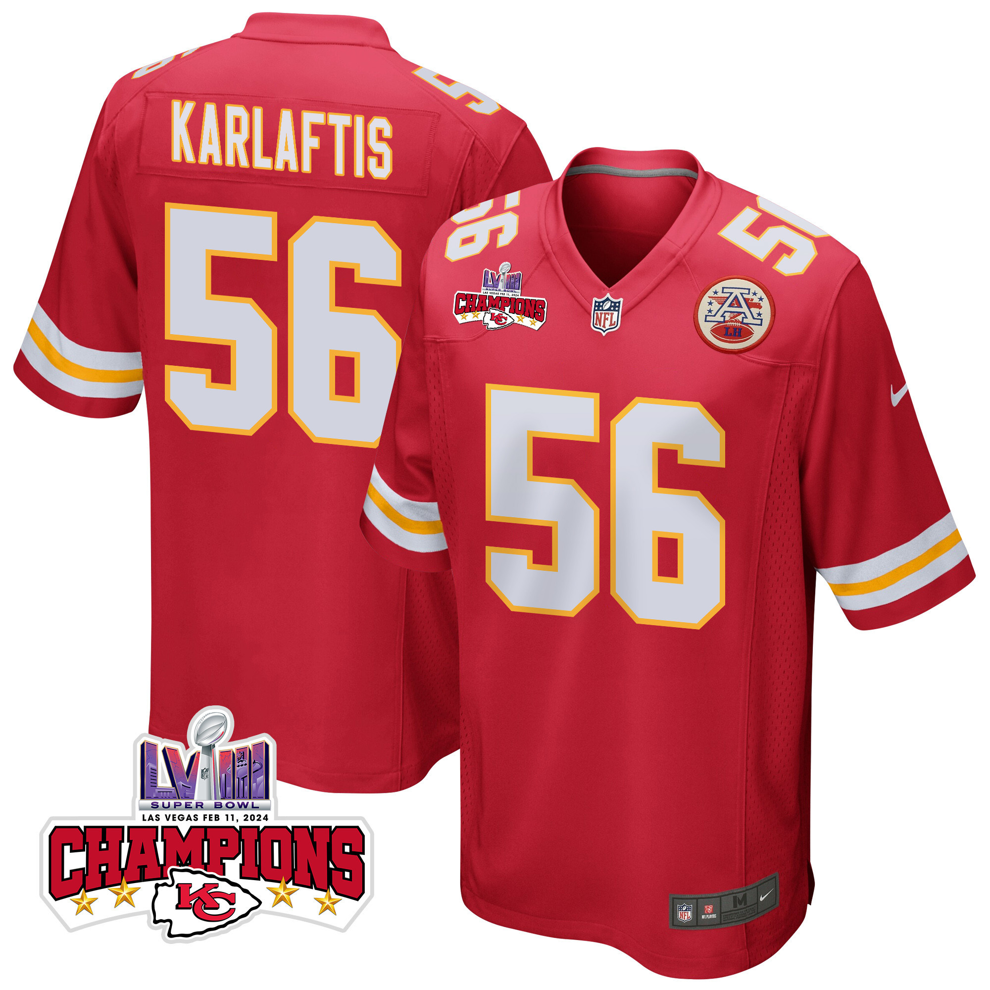 George Karlaftis 56 Kansas City Chiefs Super Bowl LVIII Champions 4 Stars Patch Game Red NFL Jersey Men's