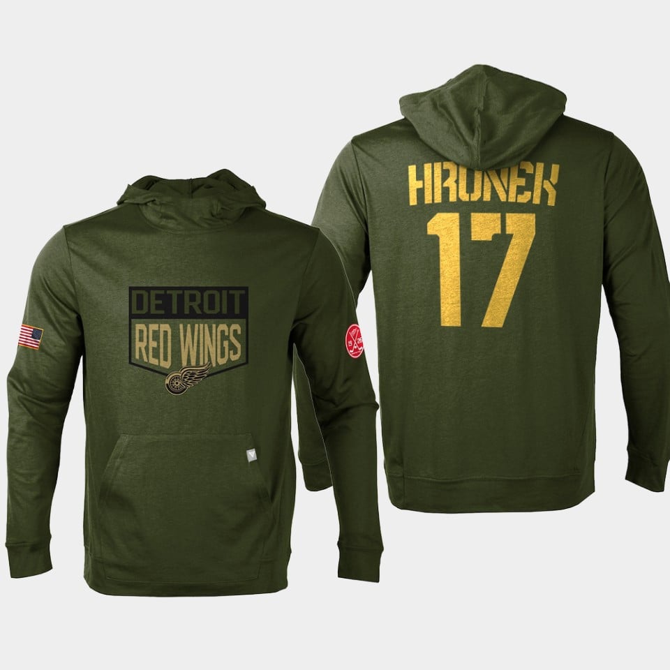 Detroit Red Wings 17 Filip Hronek Military Olive Equipment Pullover Hoodie Olive NHL Jersey Men's