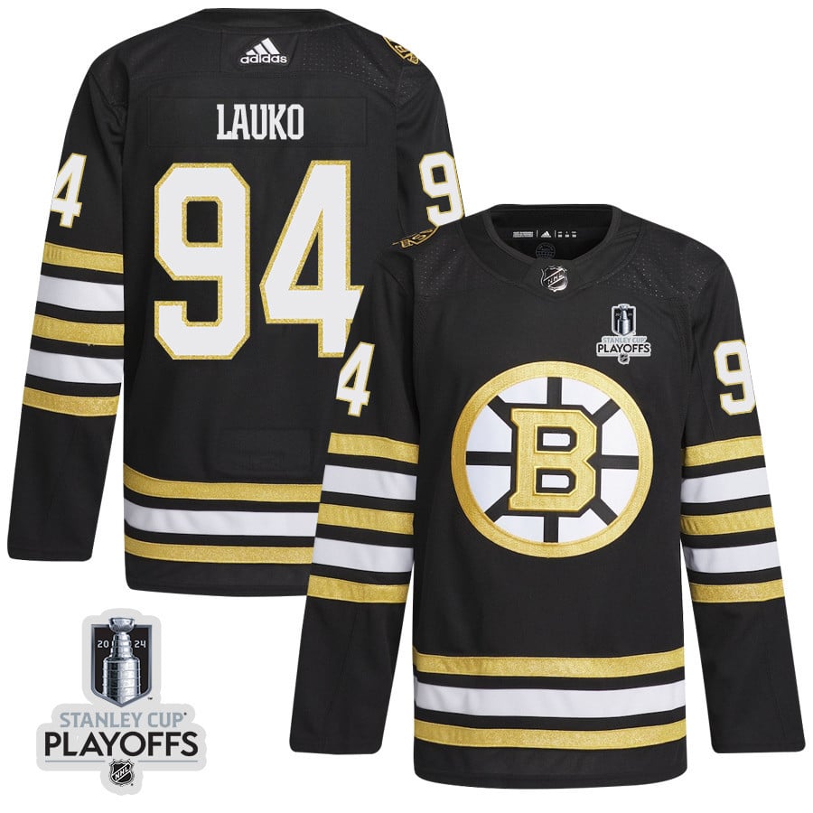 Jakub Lauko 94 Boston Bruins 2024 Playoffs Patch Home Black NHL Jersey Men's