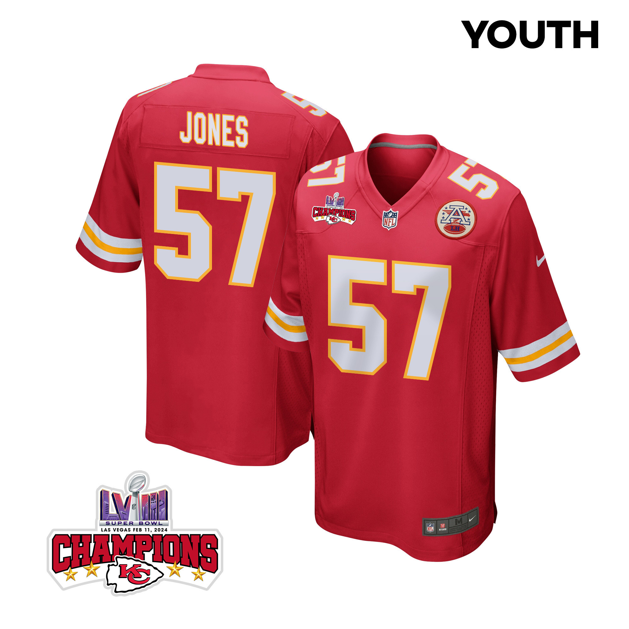 Truman Jones 57 Kansas City Chiefs Super Bowl LVIII Champions 4 Stars Patch Game Red NFL Jersey Youth