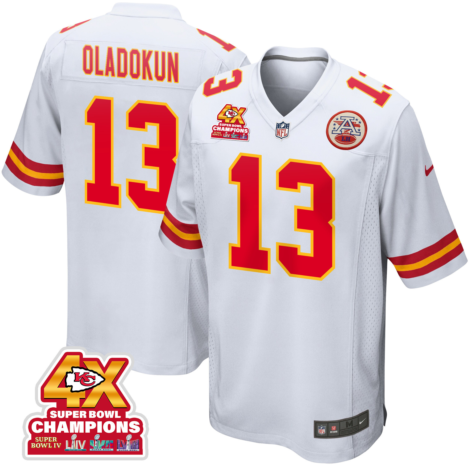 Chris Oladokun 13 Kansas City Chiefs Super Bowl LVIII Champions 4X Game White NFL Jersey Men's