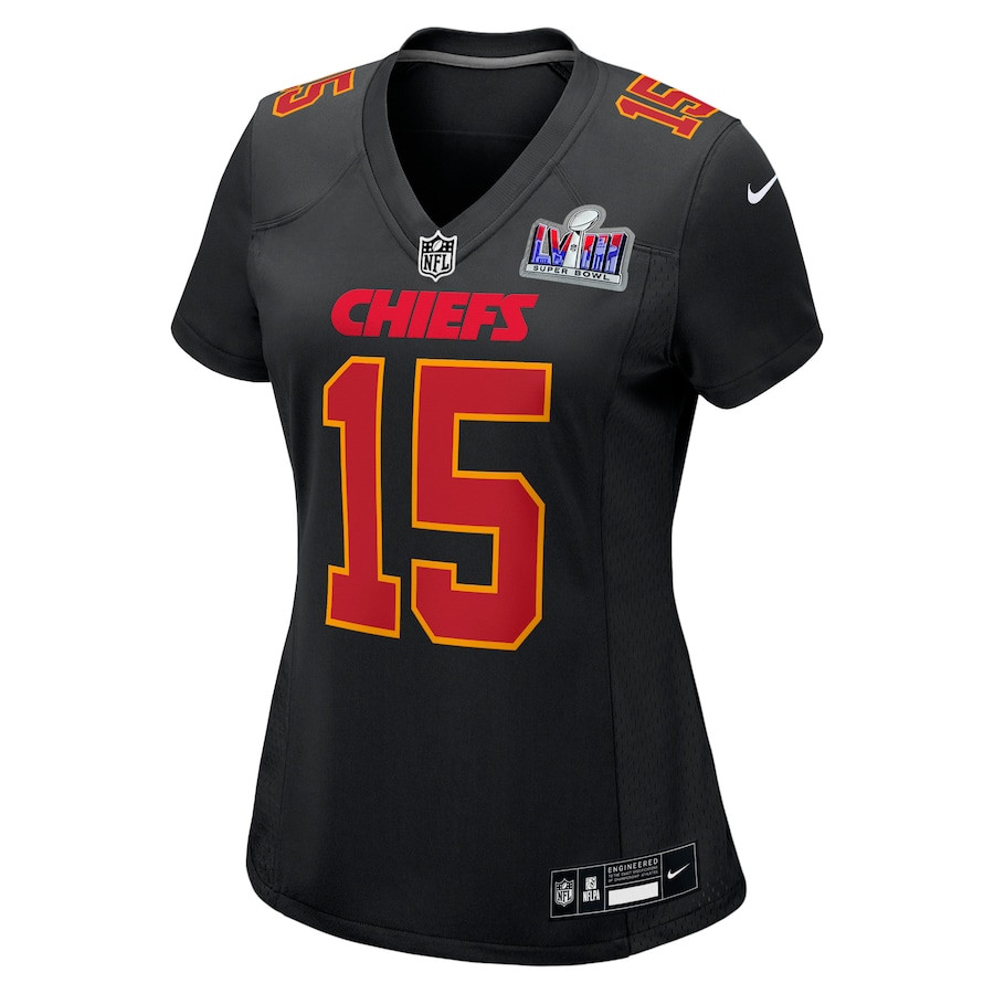 Patrick Mahomes 15 Kansas City Chiefs Super Bowl LVIII Fashion Game Carbon Black NFL Jersey Women's